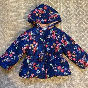 Little Me 2T fleece lined puffer jacket. Royal blue floral. Bow snap.